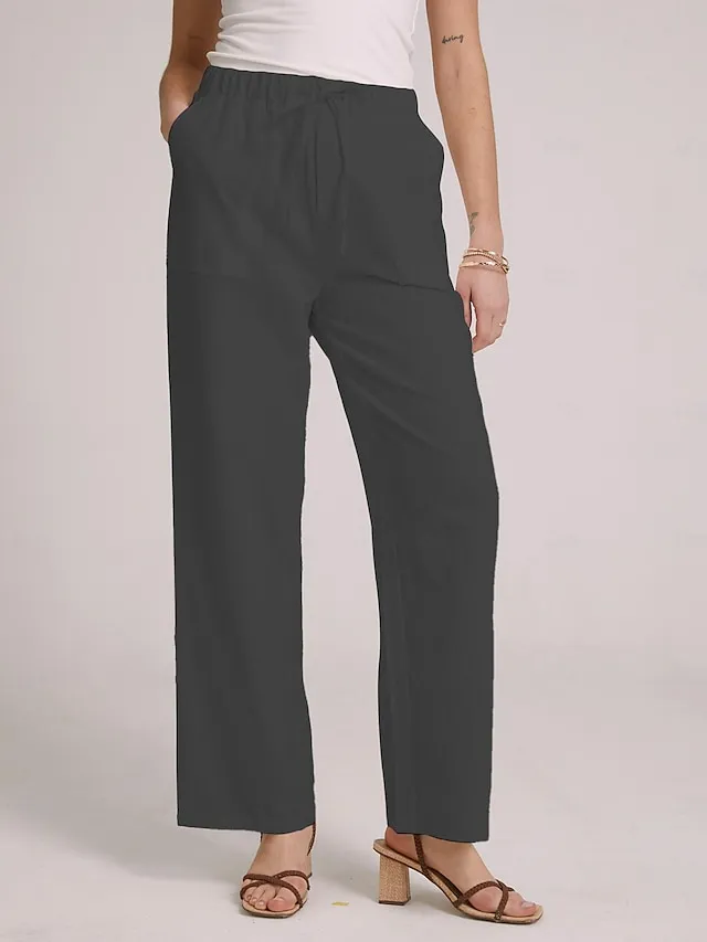 Women's Wide Leg Chinos Cotton Linen Baggy Mid Waist Black Summer