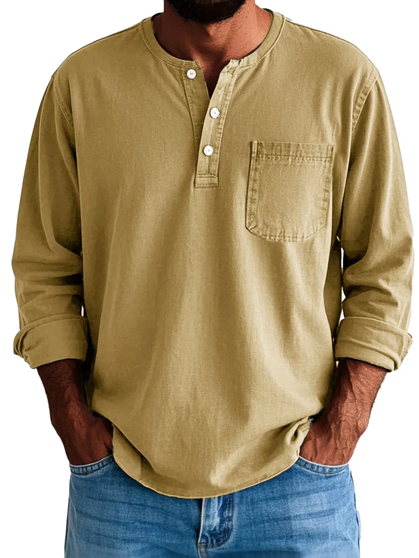 Men's Fashion Vintage Washed Cotton Long Sleeve Pocket Henley Shirt