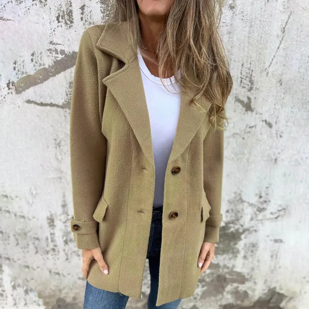 Women Wool Blend Coat 2024 Fall Lapel Single Breasted Mid Length Trench Coat Jacket Open Front Solid Long Sleeve Jacket