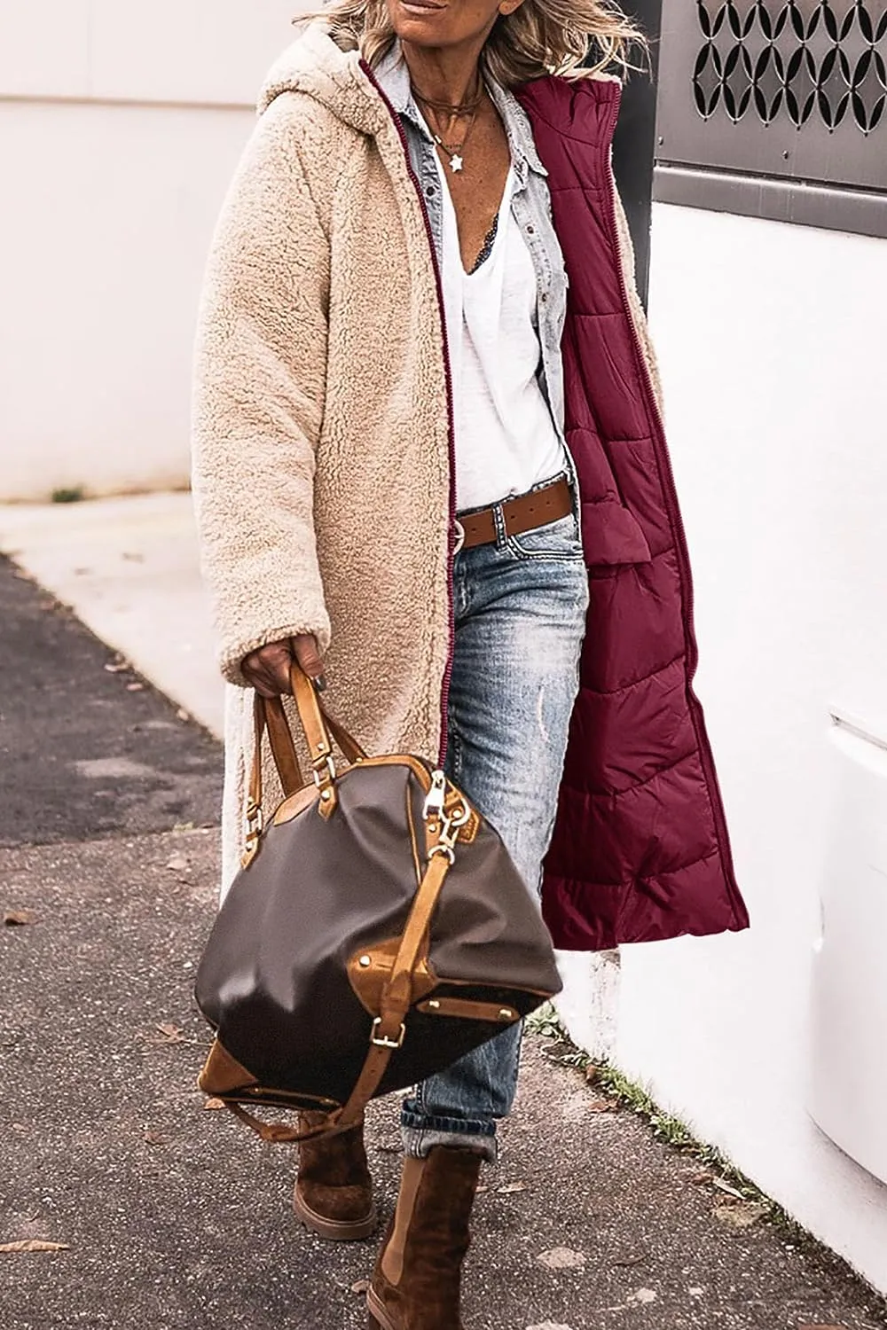 Women's Warm Winter Coats Reversible Sherpa Fleece Long Hooded Puffer Jackets Outerwear