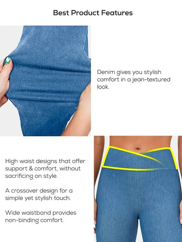 Plain Casual Loose High Waisted Crossover Stretchy Knit Denim Casual Flare Pants