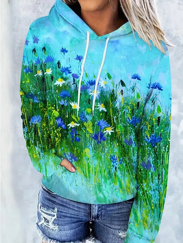 Women's Hoodie Sweatshirt Pullover Vintage Basic Front Pocket Yellow Light Green Blue Floral Street Casual Hoodie Long Sleeve Top Micro-elastic Fall & Winter