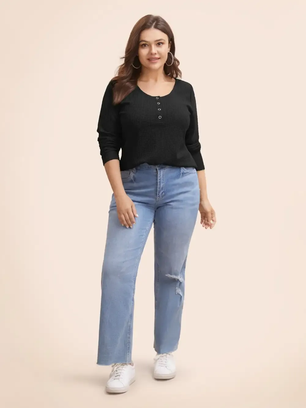 Solid Waffle Knit Round Neck T-Shirt