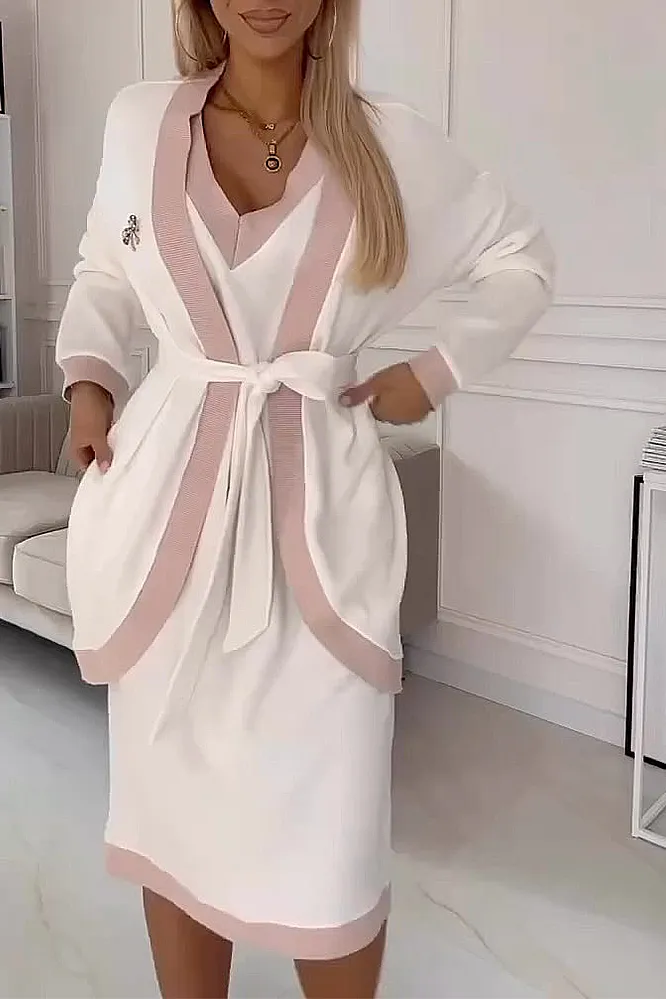 Women's contrasting V-neck jacket and two-piece dress set