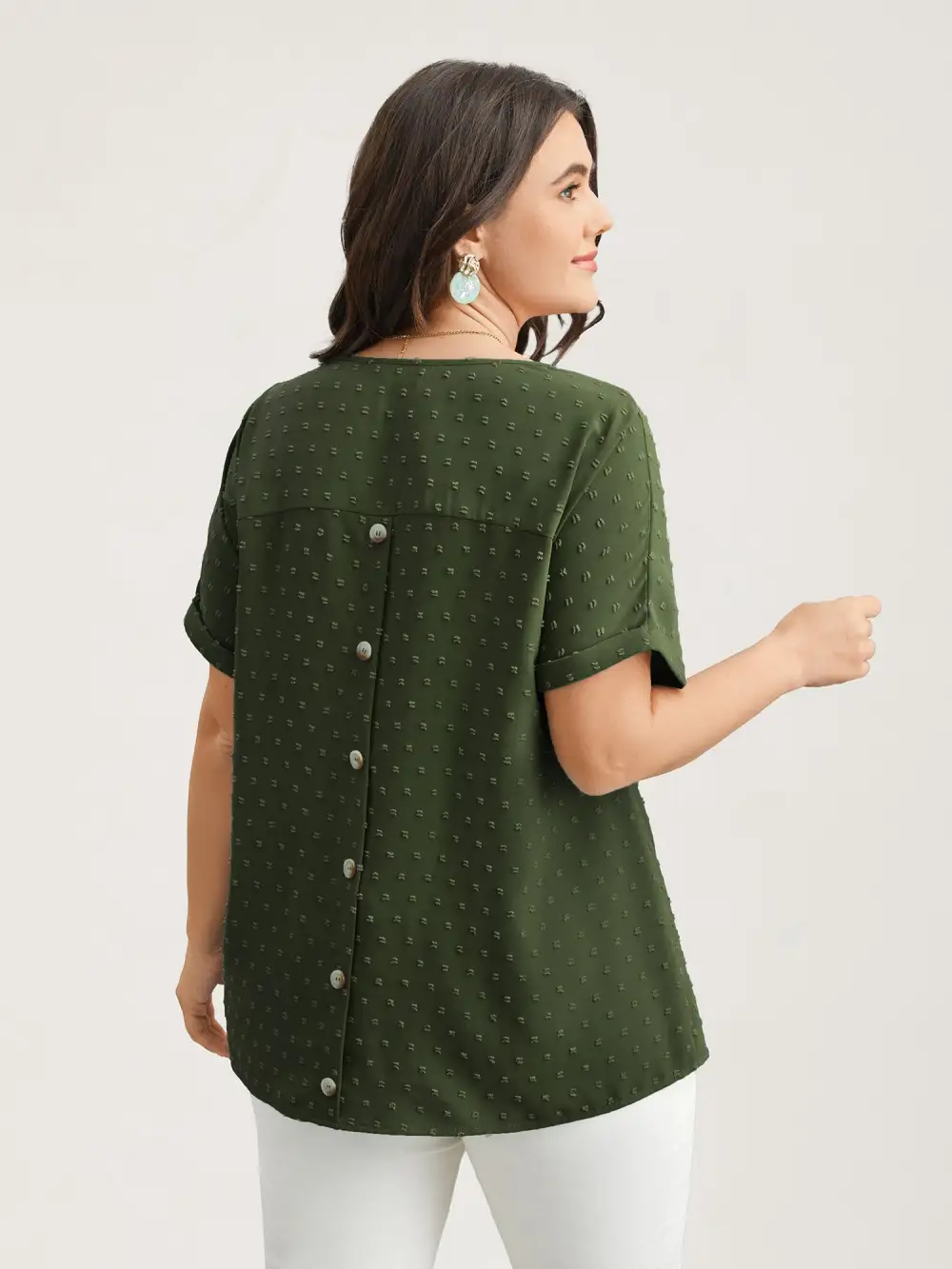 Back-Button Textured V-Neck Shirt