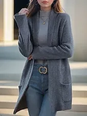 Women's Sweater Cardigan Sweater Jacket Shirt Collar Knit Pocket Knitted Spring Fall Home Daily Weekend Daily Casual Soft Long Sleeve Pure Color Black Camel