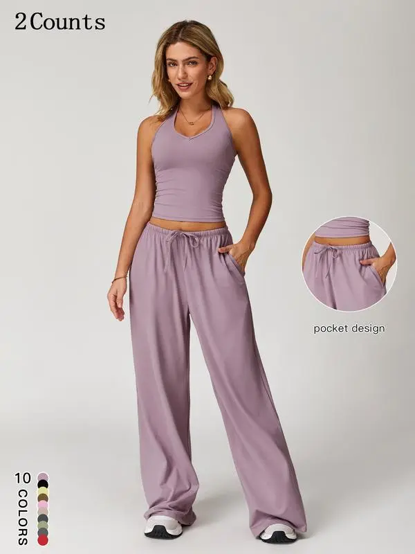 Women's Summer 2 Piece Set – Sleeveless V Neck Crop Top & Wide Leg Pants, Casual Lightweight Outfit