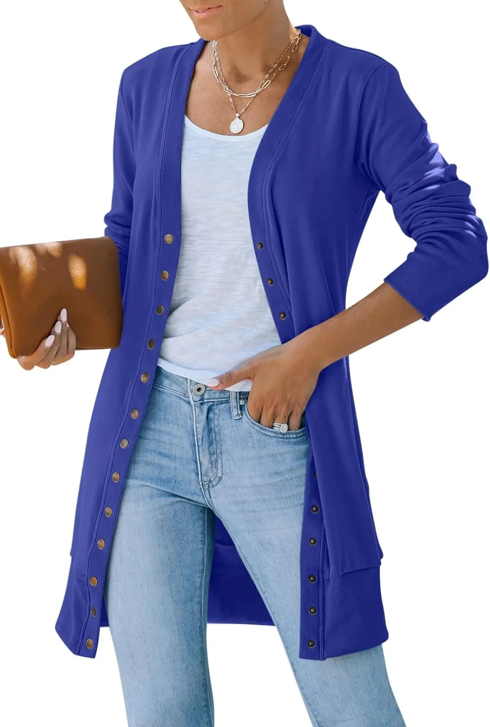 Women's 2024 Fall Long Sleeve Snap Button Down Solid Color Knit Ribbed Neckline Cardigans