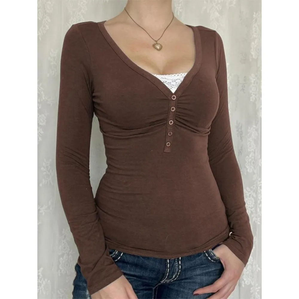 Women's Contrast Lace Button V Neck Tee