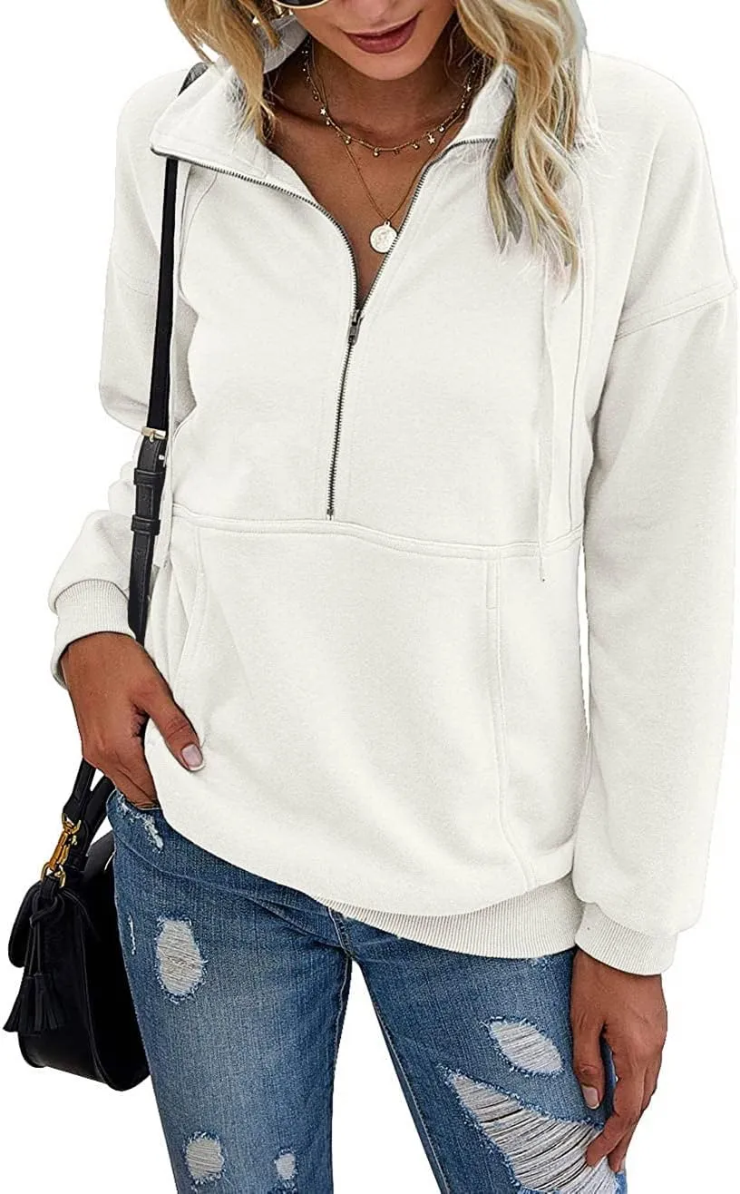 Women's Casual Long Sleeve Lapel Zipper Sweatshirt Drawstring Loose Pullover Tops