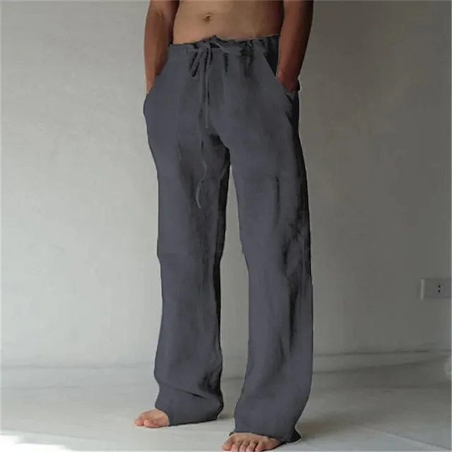 Men's Linen Pants Trousers Summer Pants Baggy Beach Pants Drawstring Front Pocket Straight Leg Plain Comfort Soft Full Length Holiday Beach Yoga Linen / Cotton Blend Fashion Hawaiian Black White