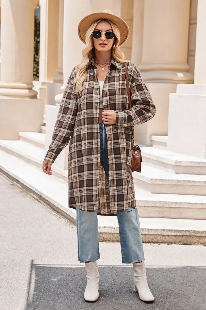 WOMEN CLASSIC PLAID PATTERN LONG LENGTH SHACKET