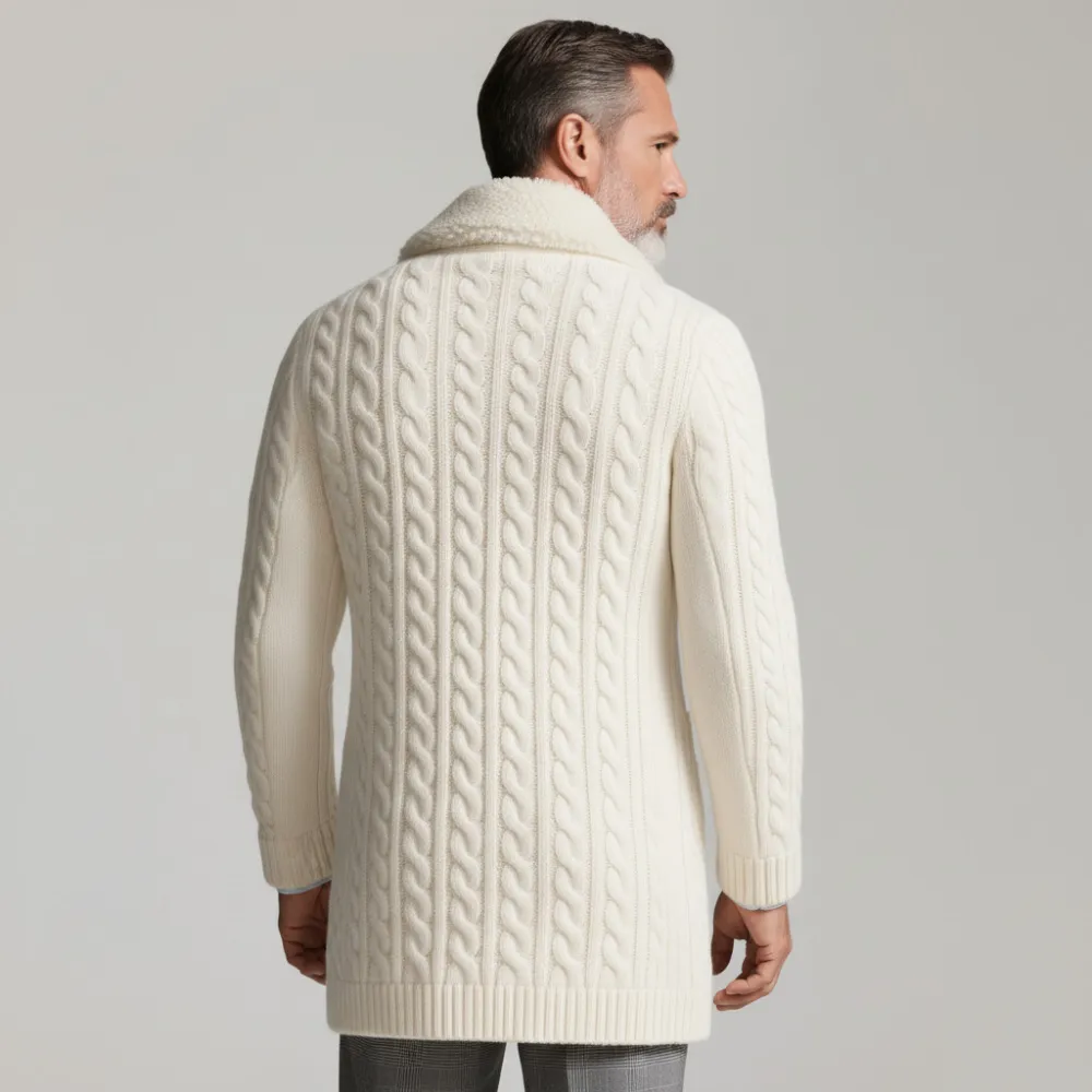 Men's Beige Cable Knit Shearling Collar Long Sleeve Two Button Sweater Coat