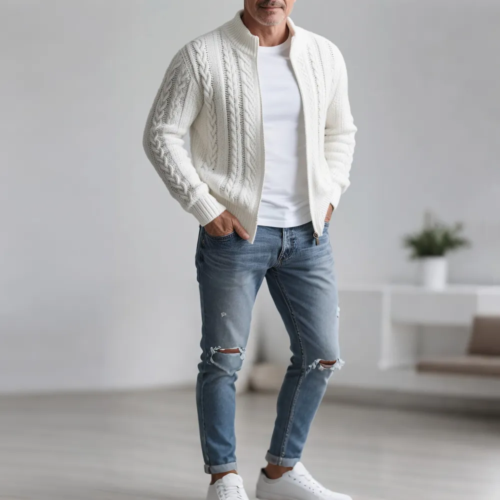 Men's Casual Stand Collar Cable Knit Zip Up Sweater Jacket