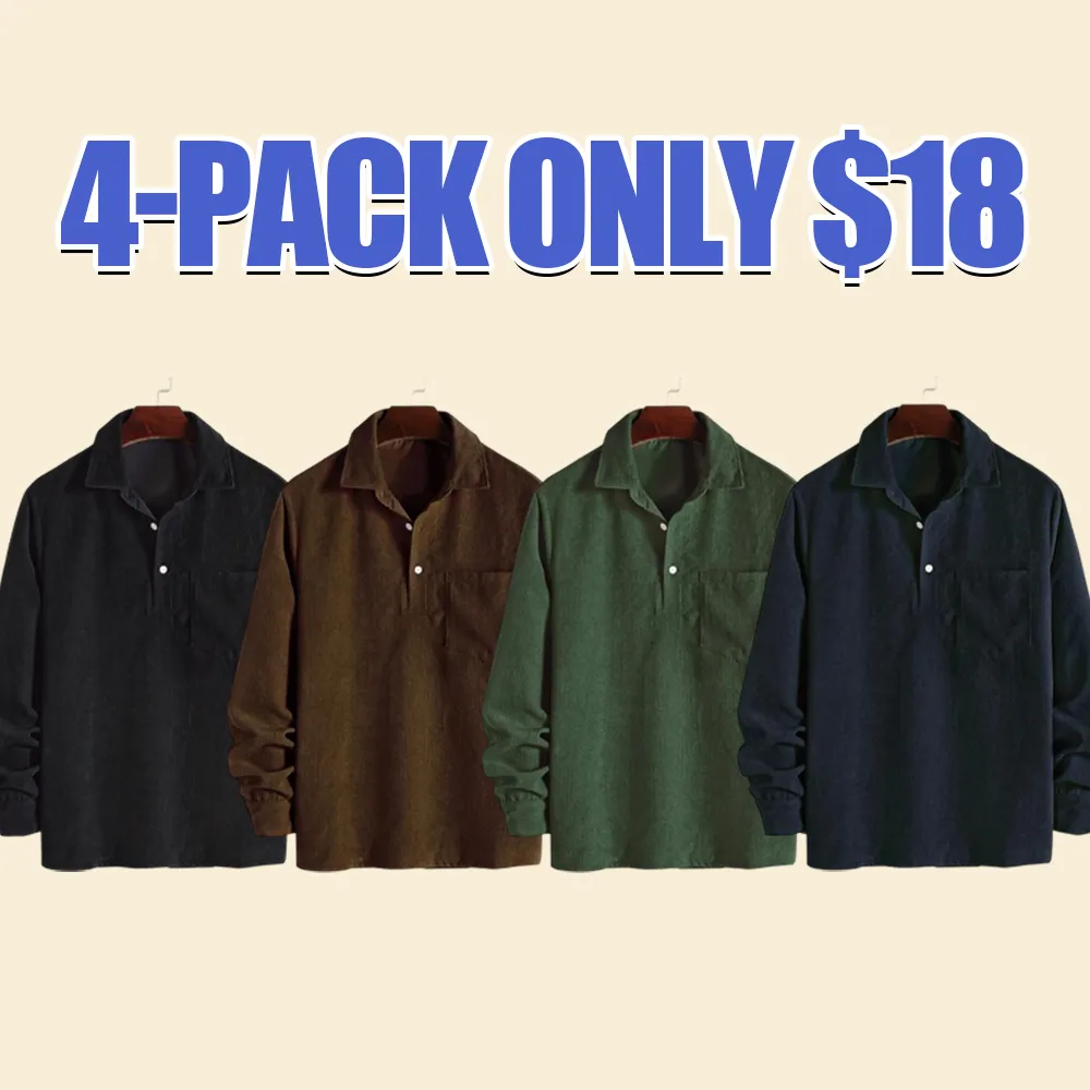Men's Plain Pocket Half Button Corduroy Shirt, Casual Comfy Regular Fit Long Sleeve Collared Top For Fall & Winter