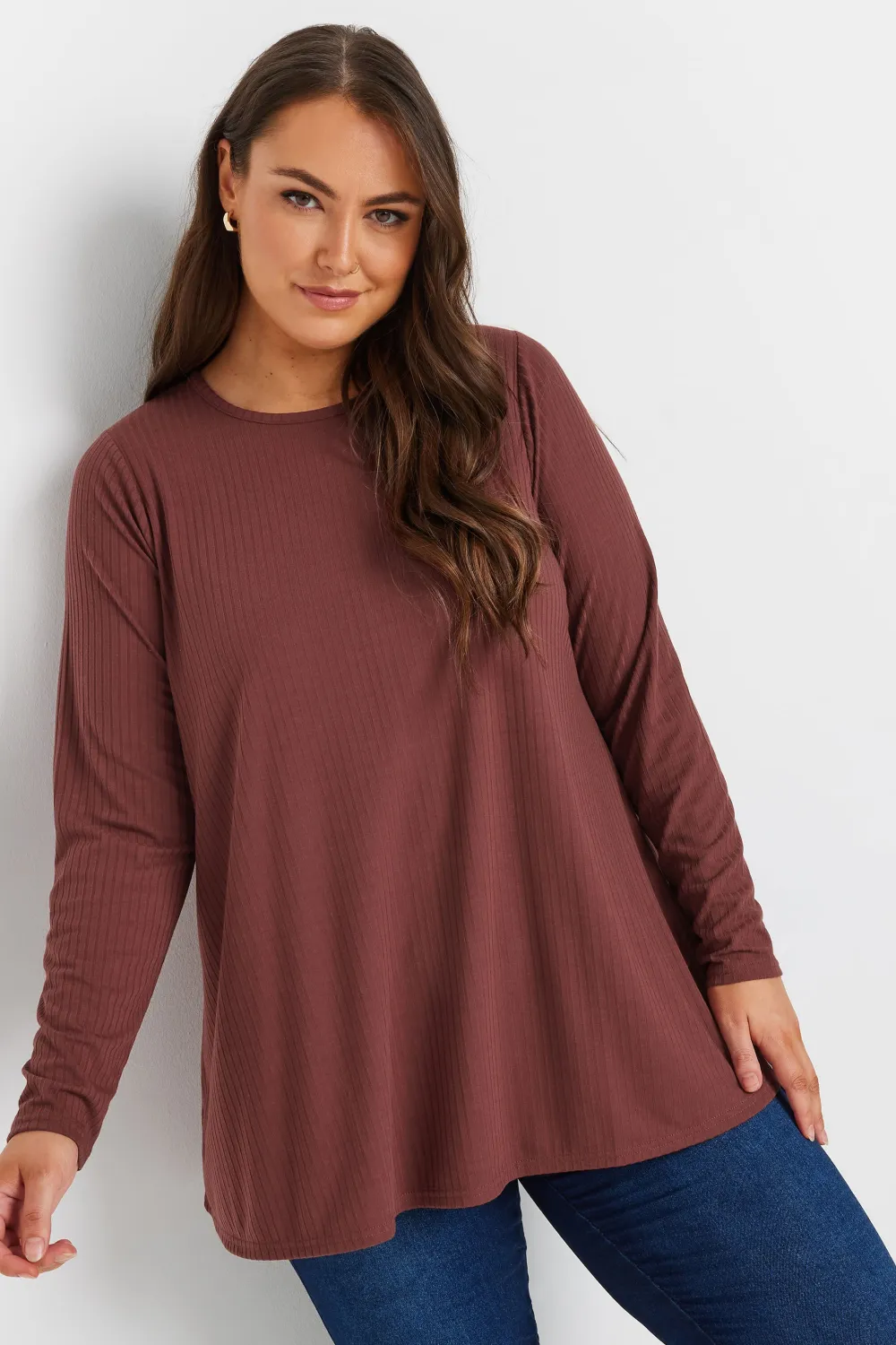YOURS Curve Black Long Sleeve Ribbed Swing Top