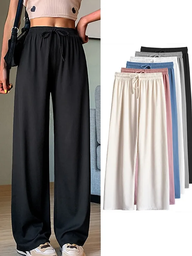 Women's Wide Leg Chinos Baggy Mid Waist Full Length Black Summer