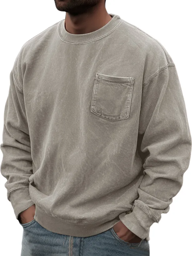 Men's Washed And Distressed Retro Casual Round Neck Pocket Basic Sweatshirt