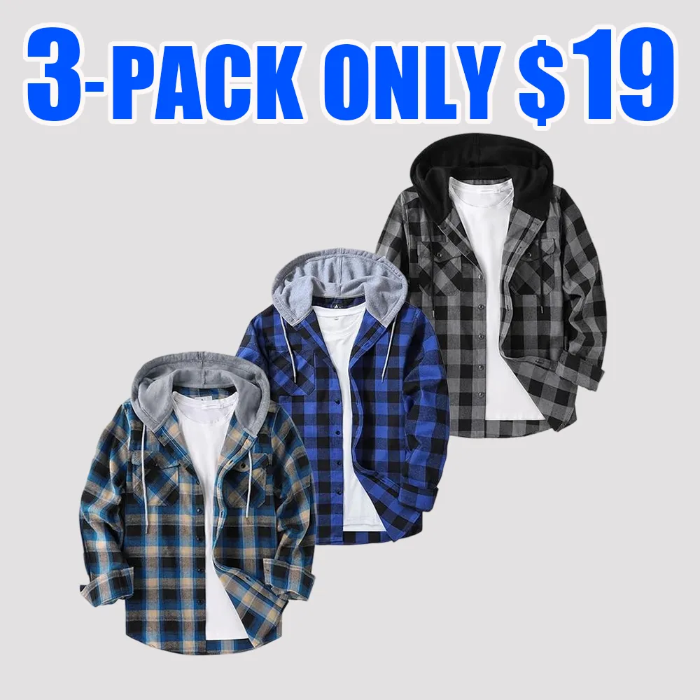 Men’s 3-Pack Flannel Hoodie Shirts – Plaid Button-Down Jackets with Hood & Pockets