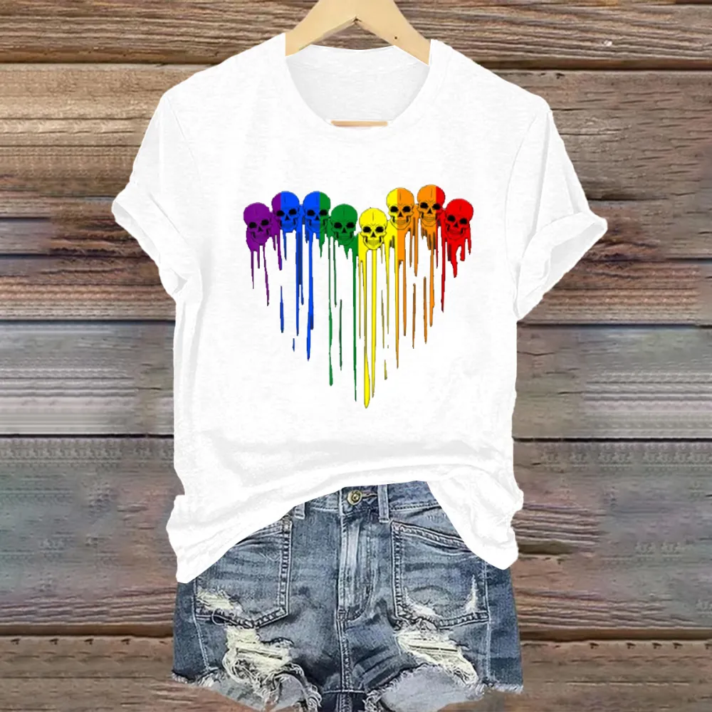 Women'S LGBT Gay Pride Skull Rainbow Heart LGBT Support T Shirt