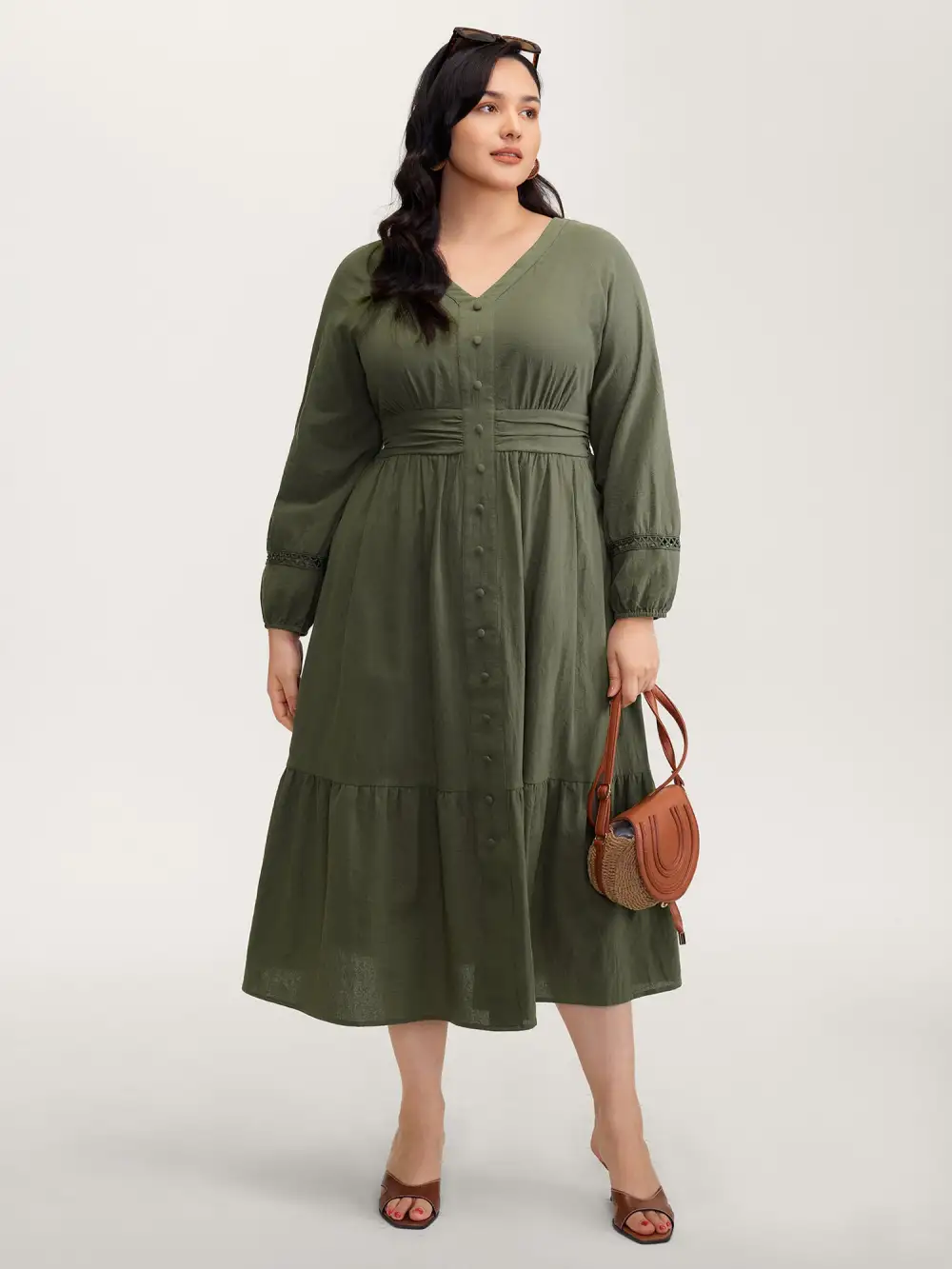 Cotton Pockets Shirred Waist Tiered Maxi Dress