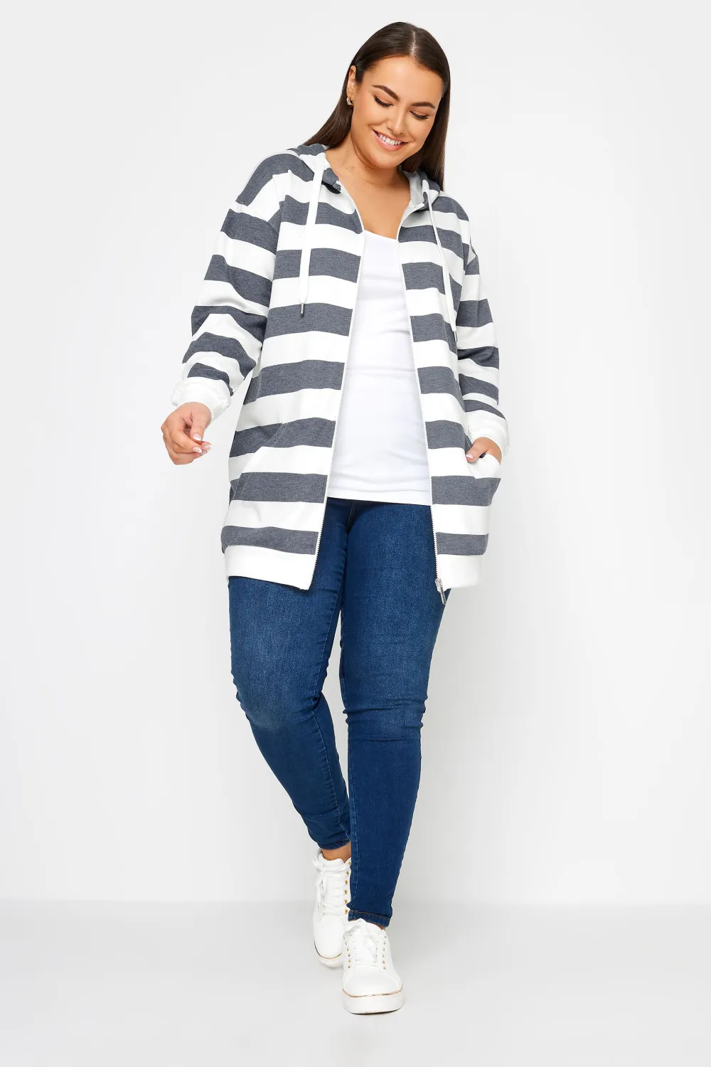 YOURS Curve Brown Stripe Zip Through Hoodie