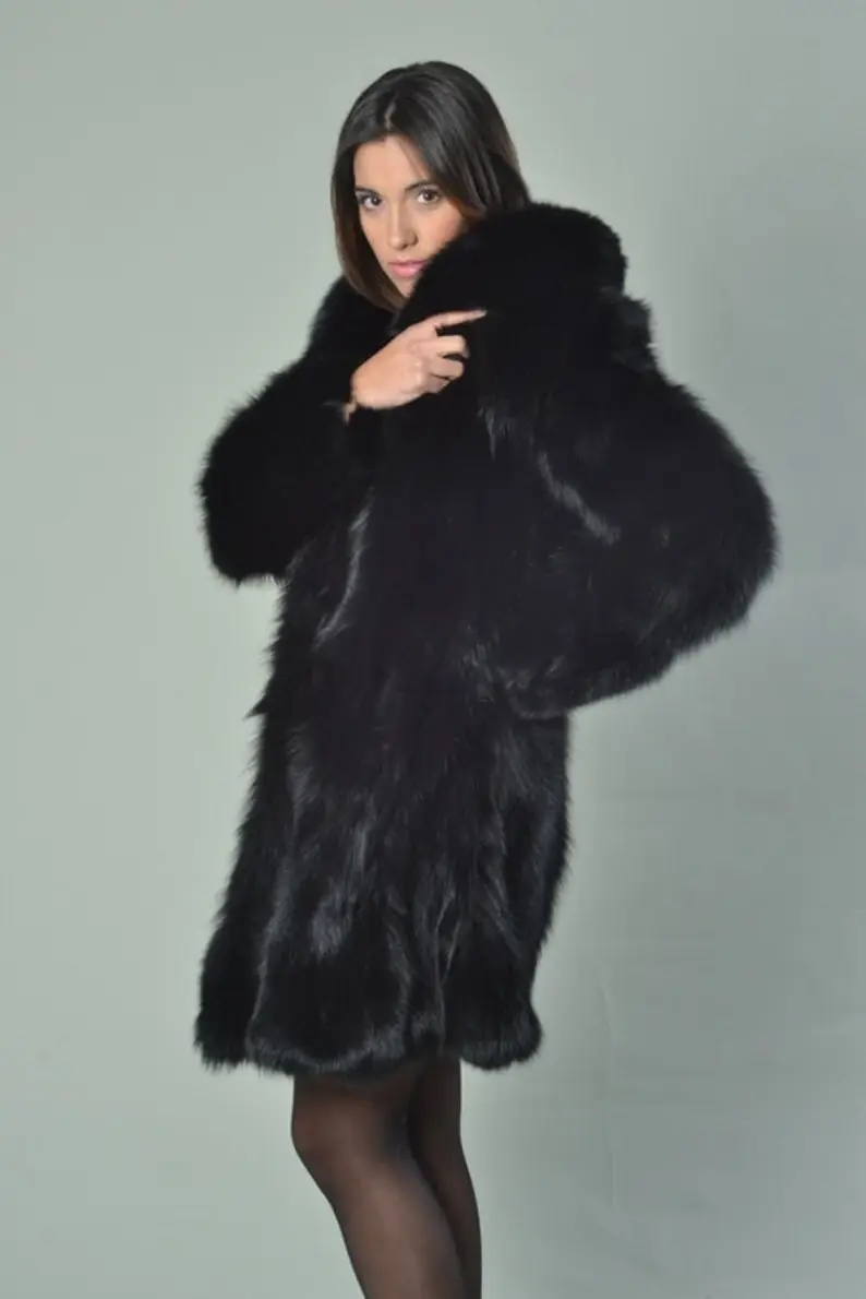 Black Fox Fur Knee Length Jacket