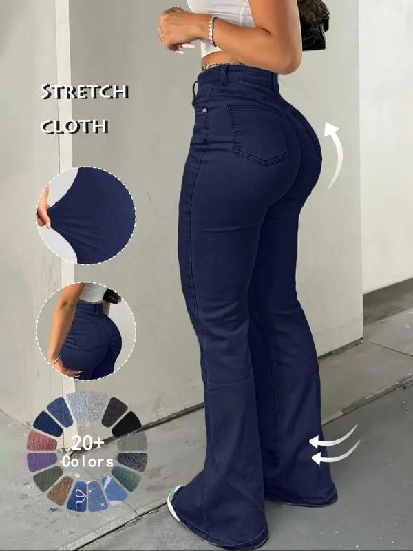 Women's High Waist Flare Jeans – Casual Button Fly Bell Bottom Denim Trousers