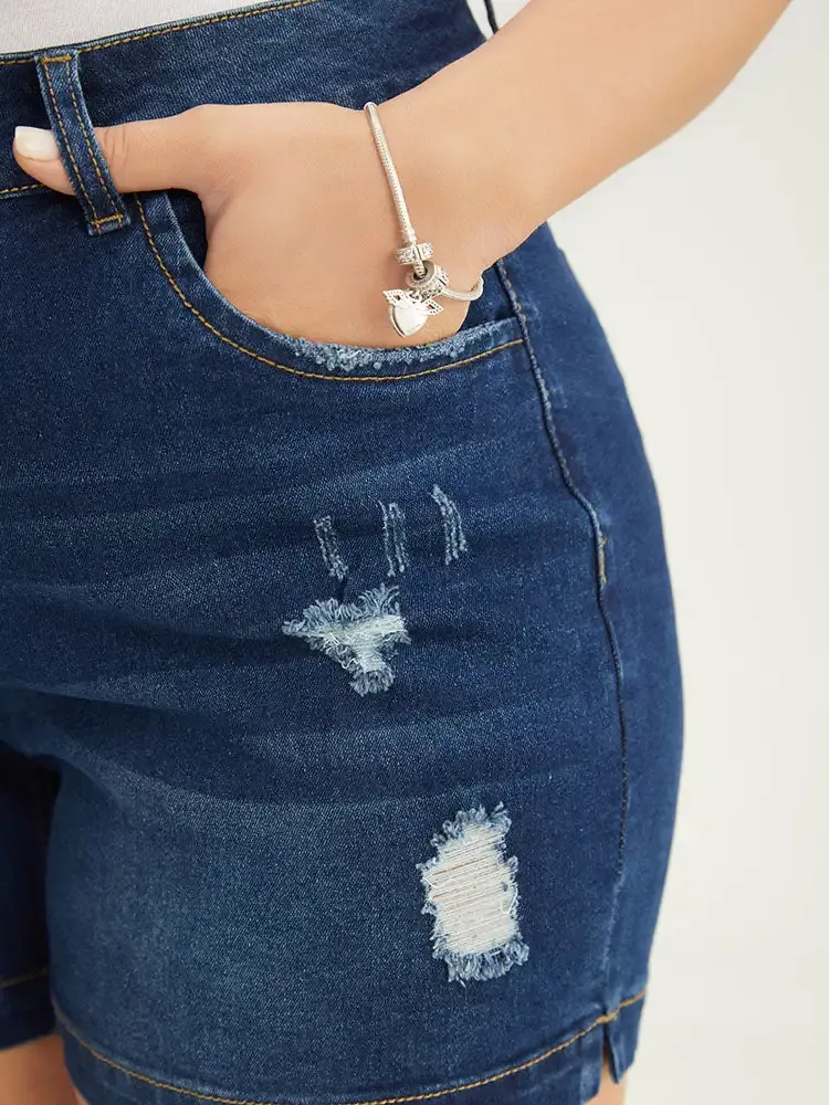 Moderately Stretchy High Rise Dark Wash Distressed Denim Shorts