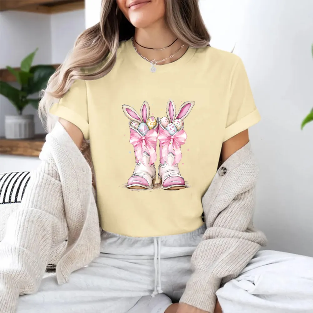 Western Easter Boots and Eggs Printed Round Neck Short Sleeve T-Shirt