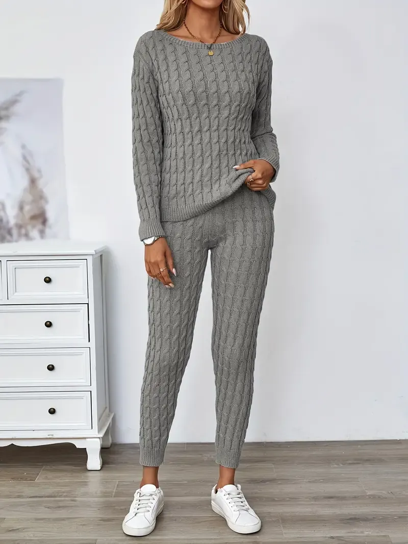 Solid Knitted Matching Two-piece Set, Casual Long Sleeve Sweater & Pants Outfits, Women's Clothing