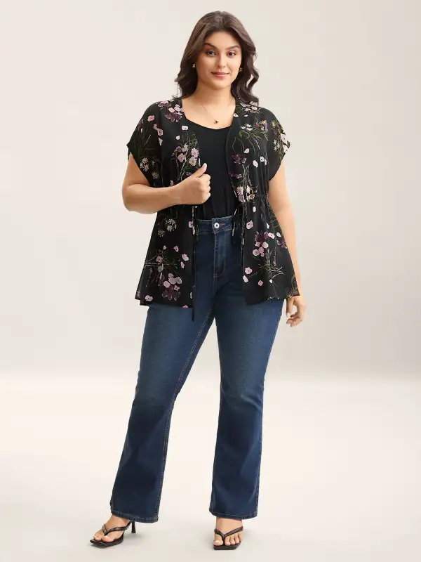 Floral Print Waist-Tie Mini Kimono