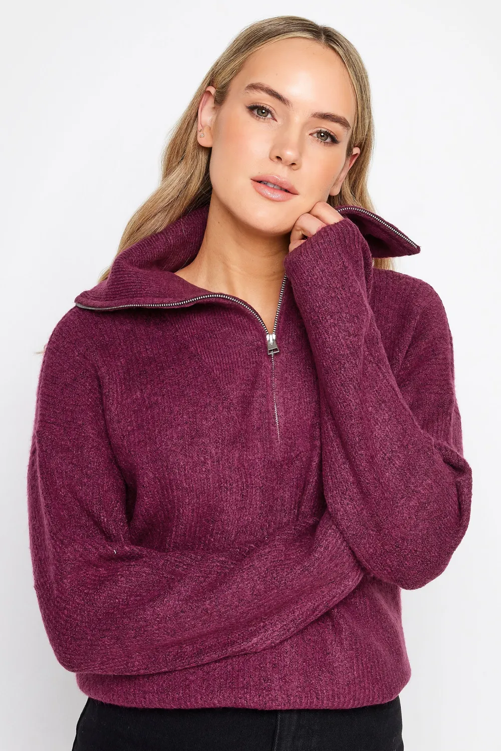 LTS Tall Dark Green Marl Zip Funnel Neck Jumper