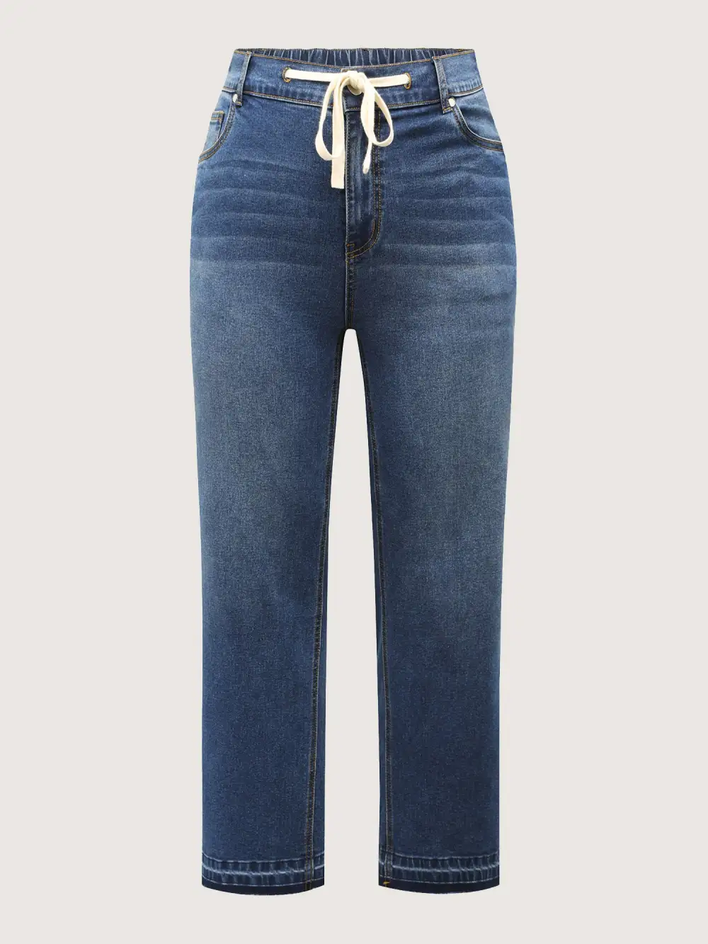 Drawstring Frayed Hem Straight-Leg Jeans
