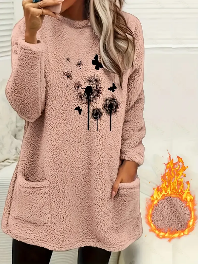 Chic & Cozy Dandelion-Butterfly Print Crew Neck Sweatshirt - Casual, Warm Winter Essential with Pocket