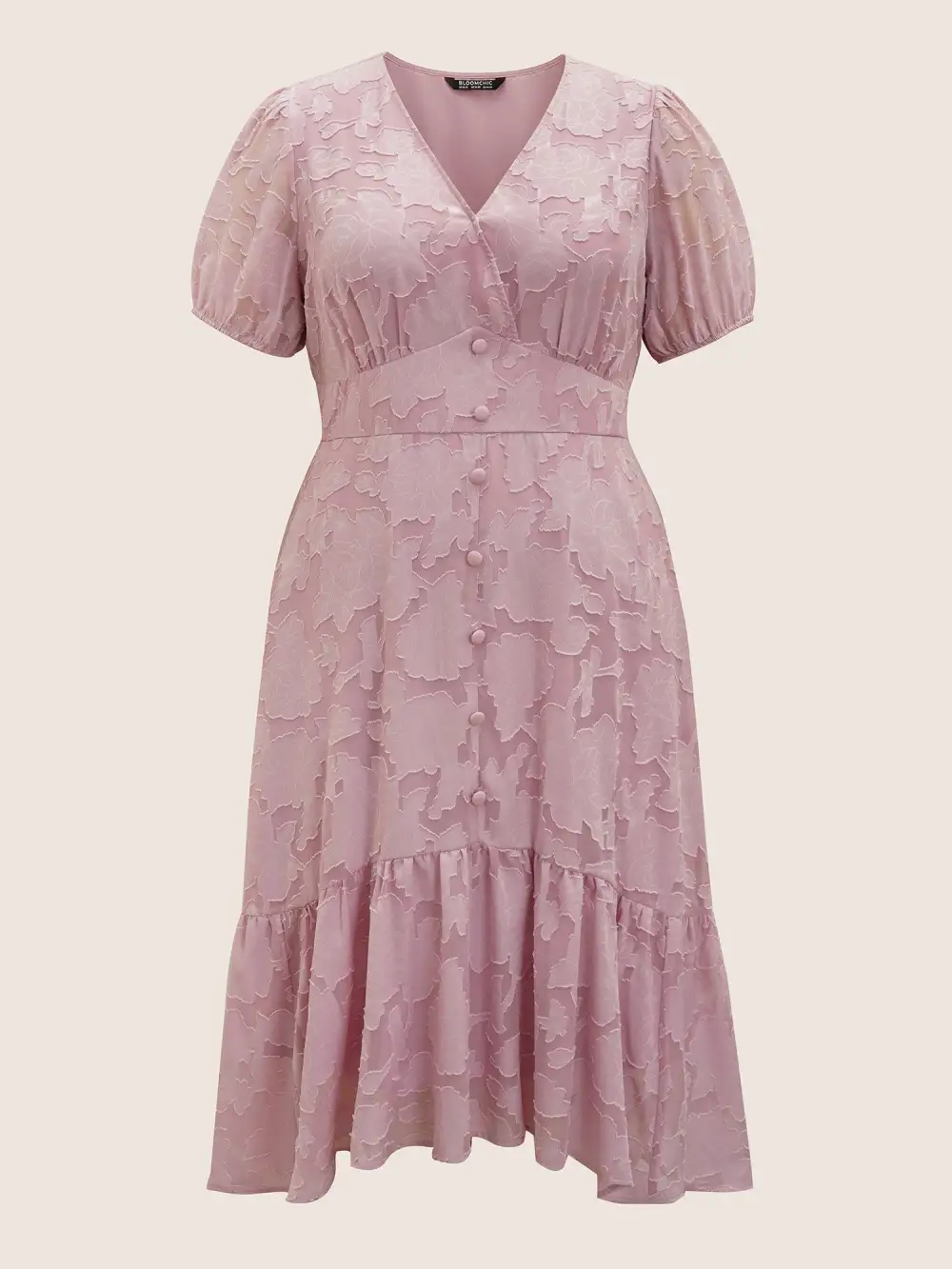 Solid Textured Lantern Sleeve Button Detail Dress