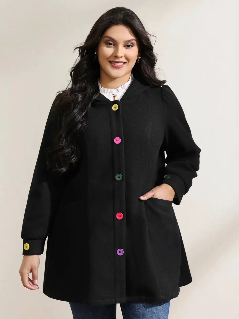 Colorful Buttons Hooded Pocket Coat