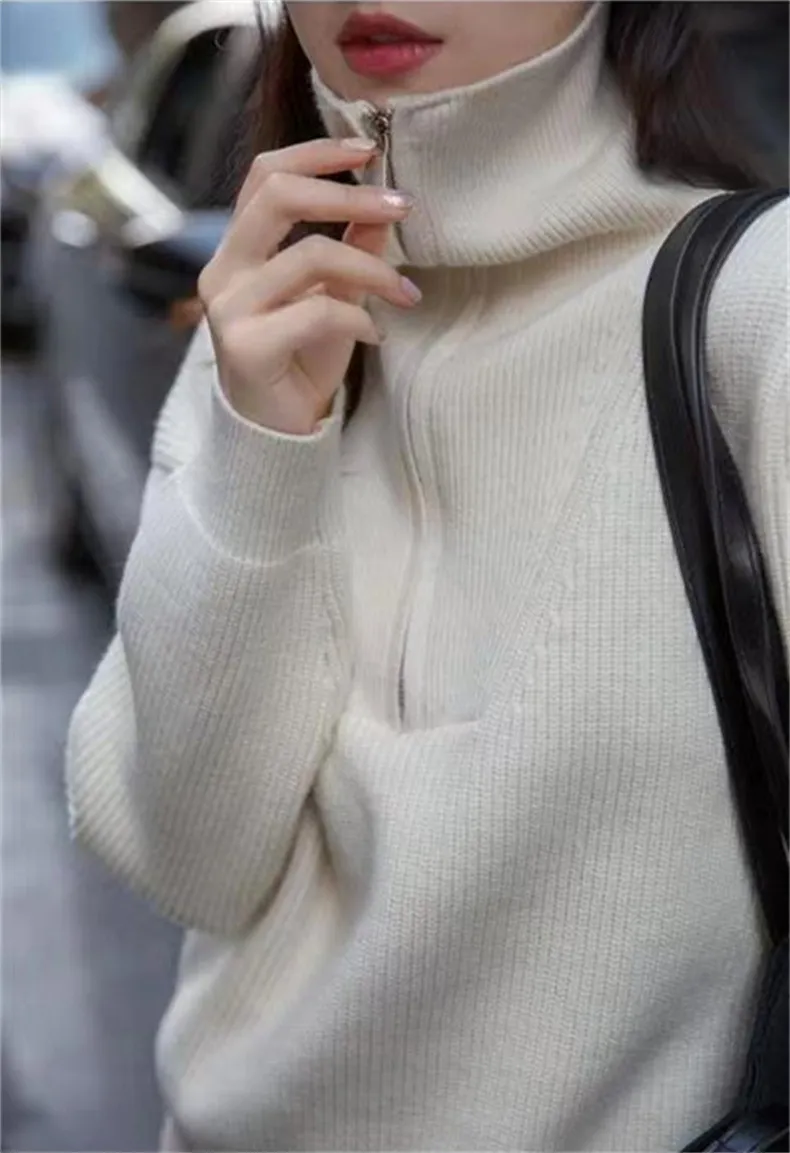 Two Wear Half Zip Large Lapel Soft Waxy Sweater