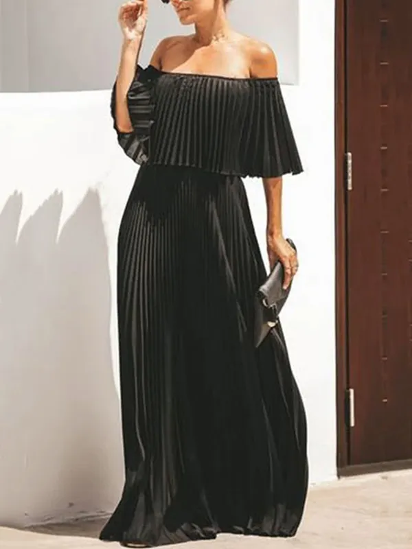 Loose Pleated Solid Color Off-The-Shoulder Maxi Dresses