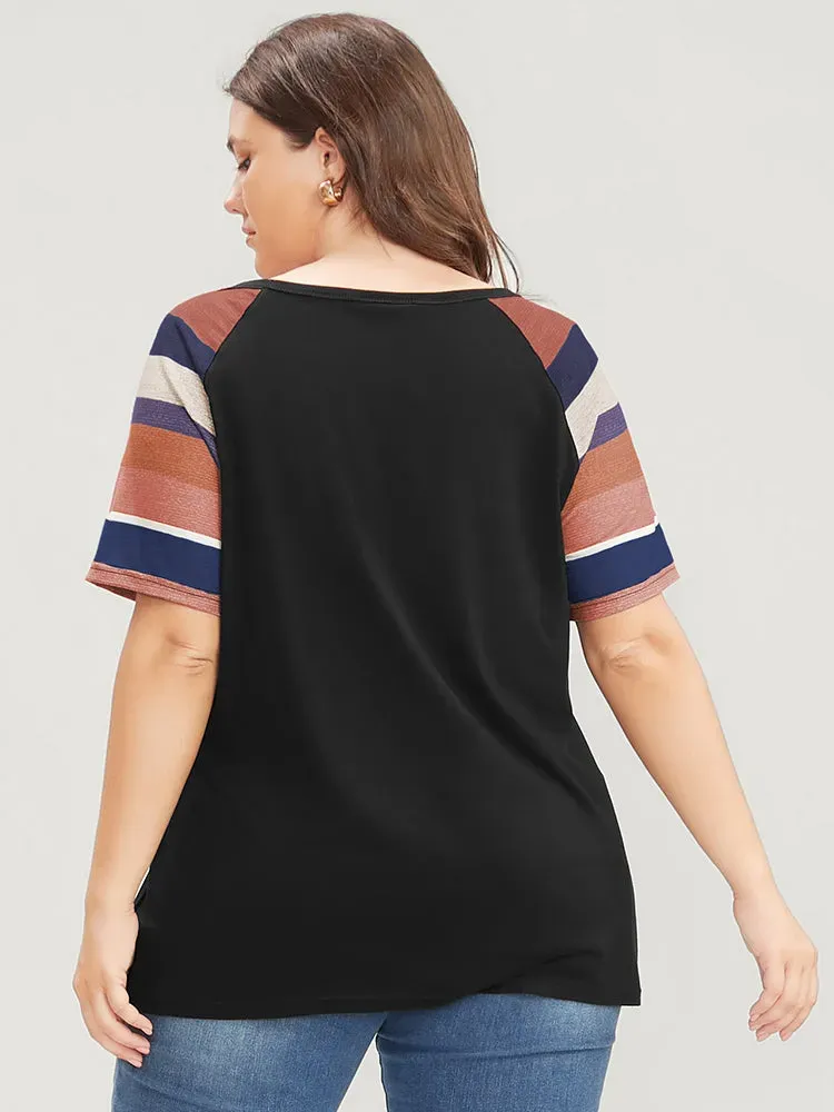 Striped Contrast Raglan Sleeve Round Neck T-shirt
