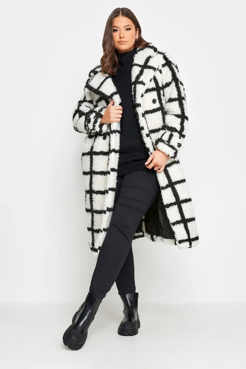 YOURS Curve White & Black Check Teddy Maxi Coat