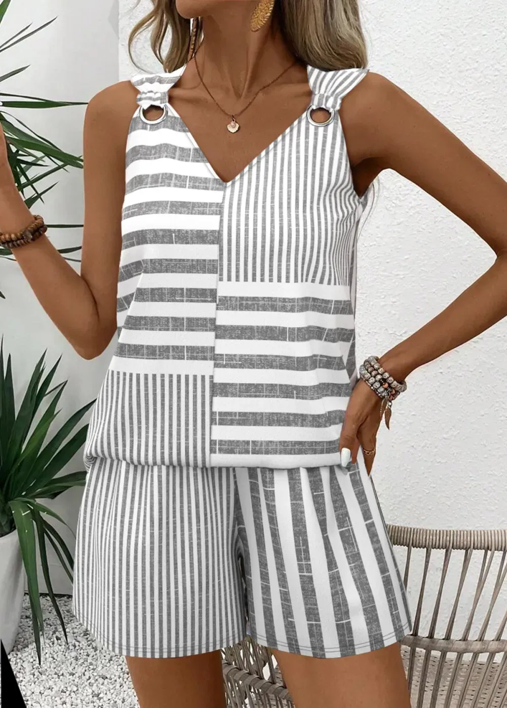 Grey Striped Sleeveless V Neck Tank Top and Shorts