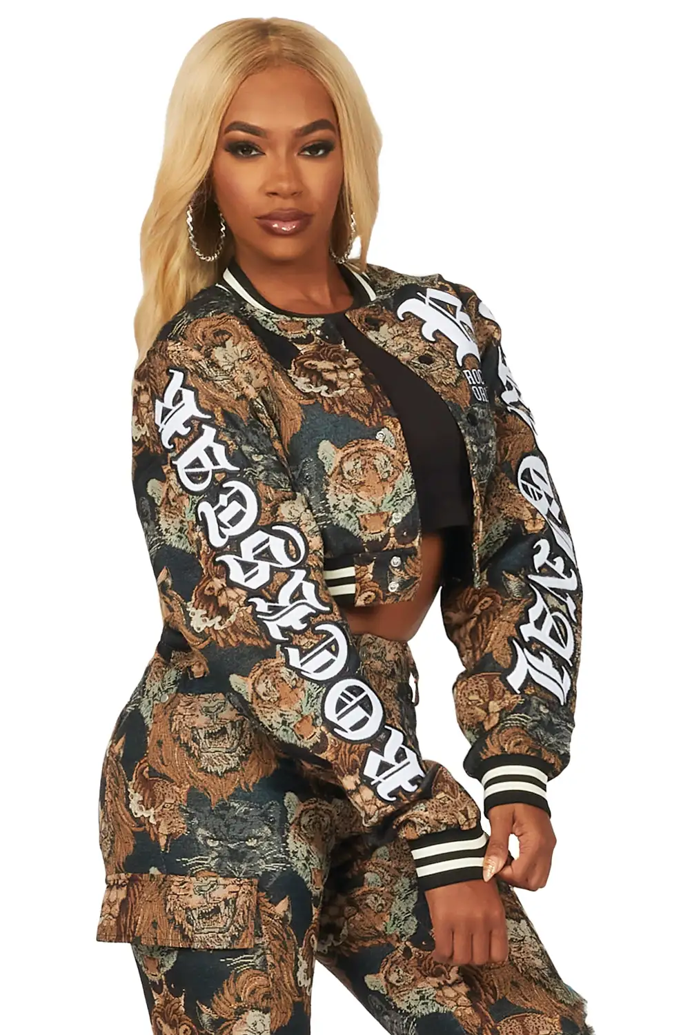 Khadiyah Black Crop Tapestry Varsity Jacket