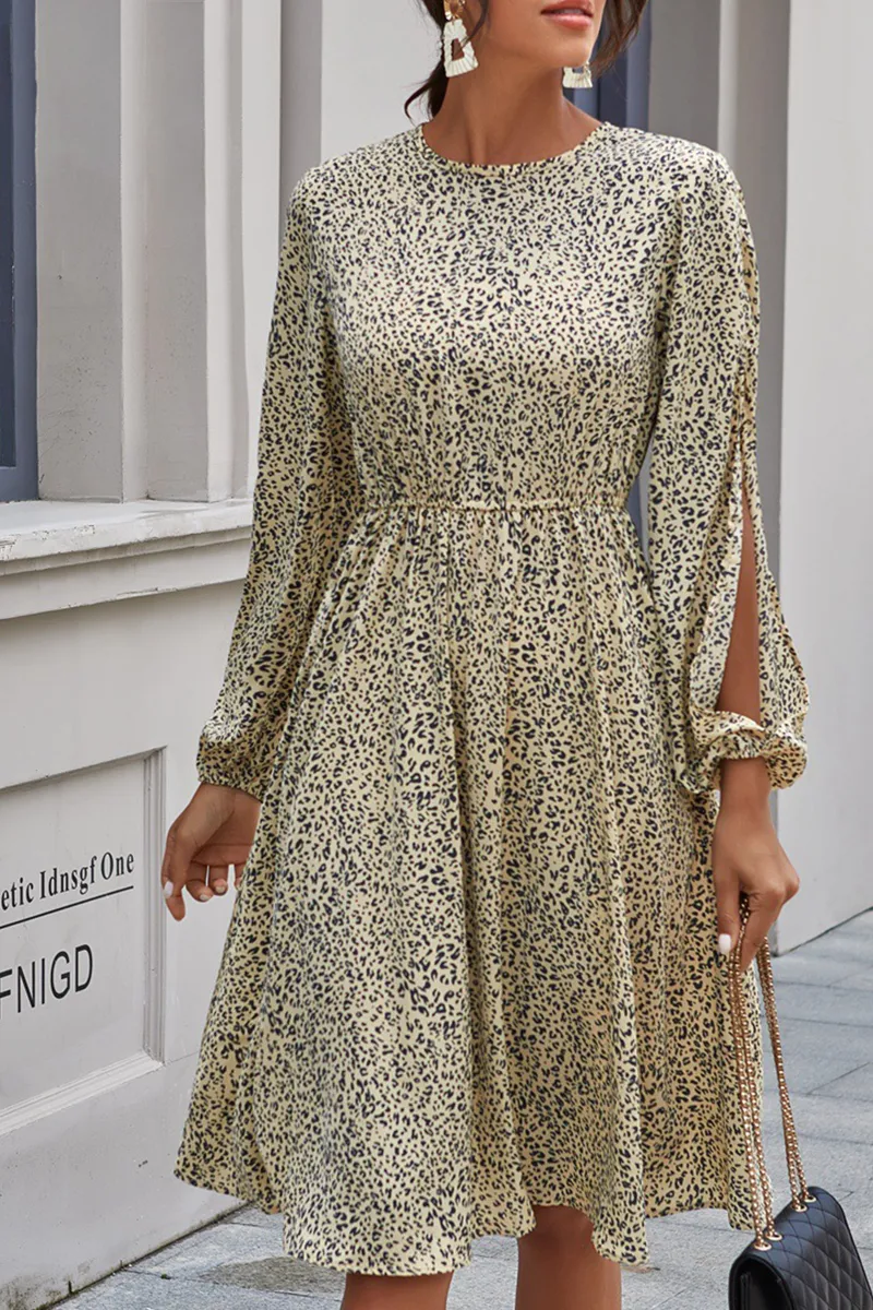 Fashion Elegant Print Split Joint Buttons O Neck A Line Dresses