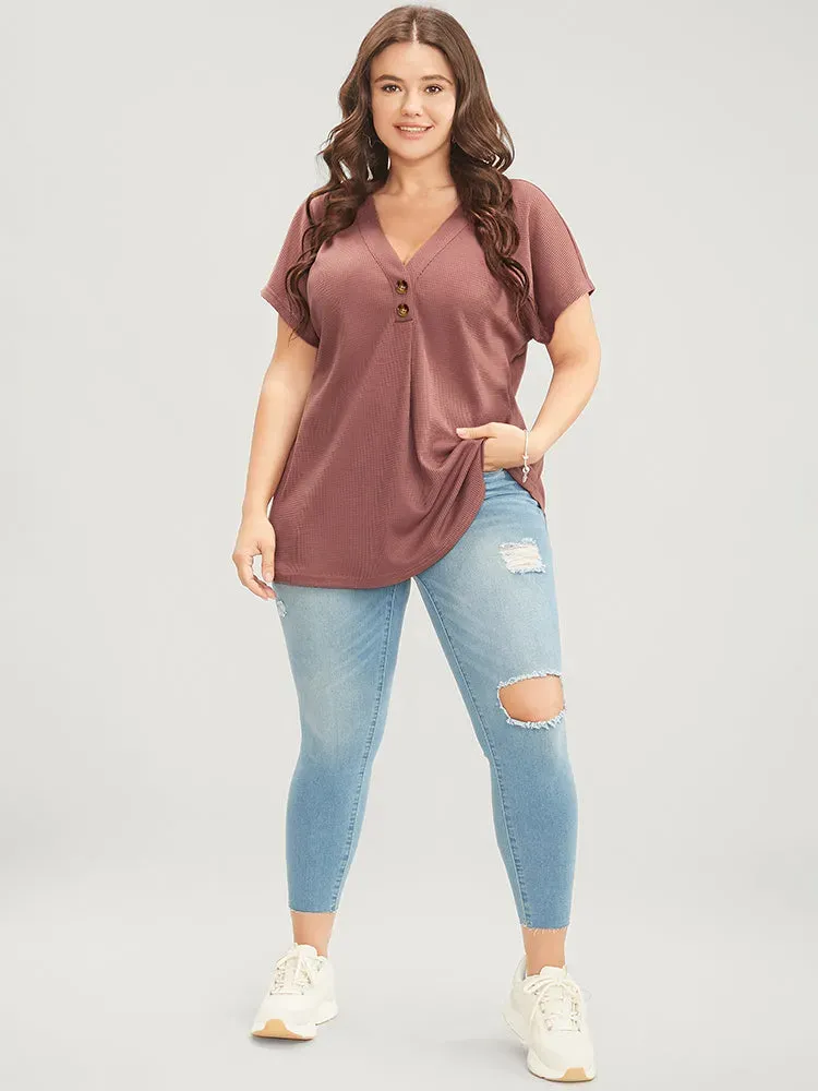 Solid Dolman Sleeve Button Detail Waffle Knit T-shirt