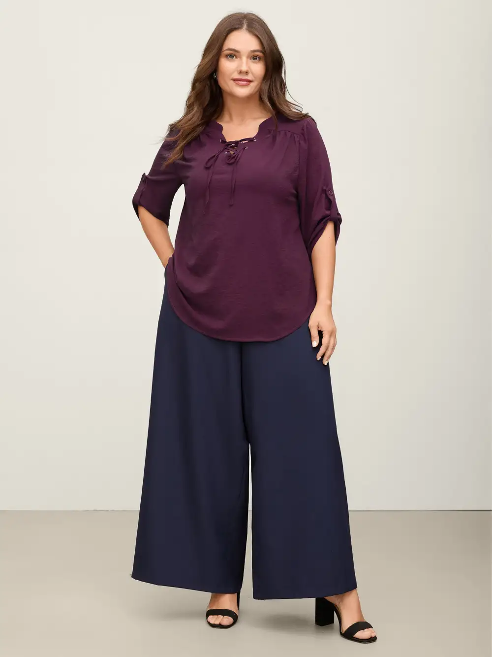 Adjustable Sleeve Neck Tie-Up Solid Blouse