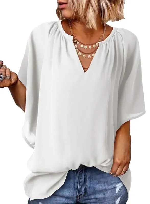 ✨ New Women's V Neck 3/4 Batwing Sleeve Blouse Pleated Flowy Tunic Tops
