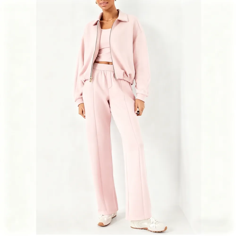 Zipped Jacket and Wide-Leg Pants Two-Piece Set