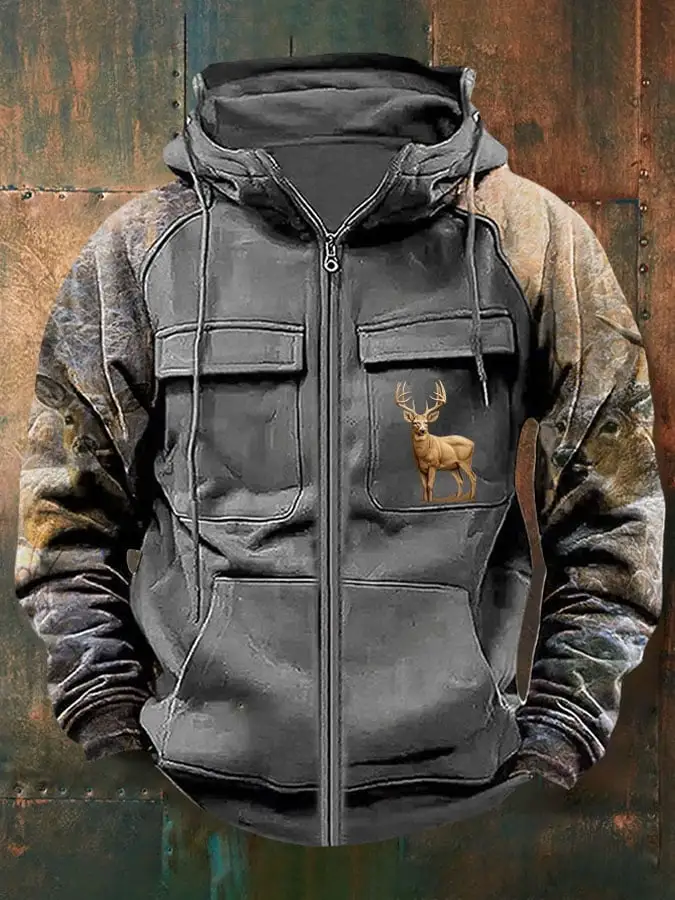 Men's Vintage Western Deer Print Multi-Pocket Jacket