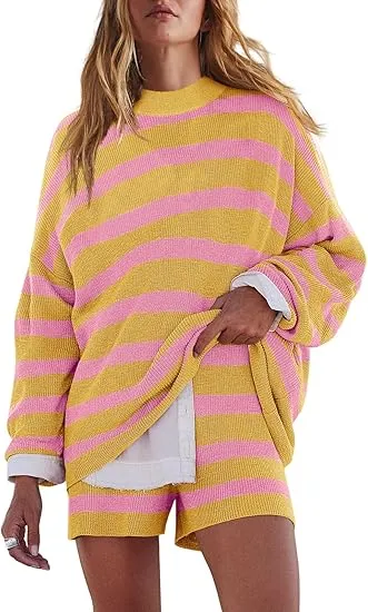 Womens Oversized Lounge Sets 2 Piece Outfits Striped Matching Pajama Set Long Sleeve Sweater Set